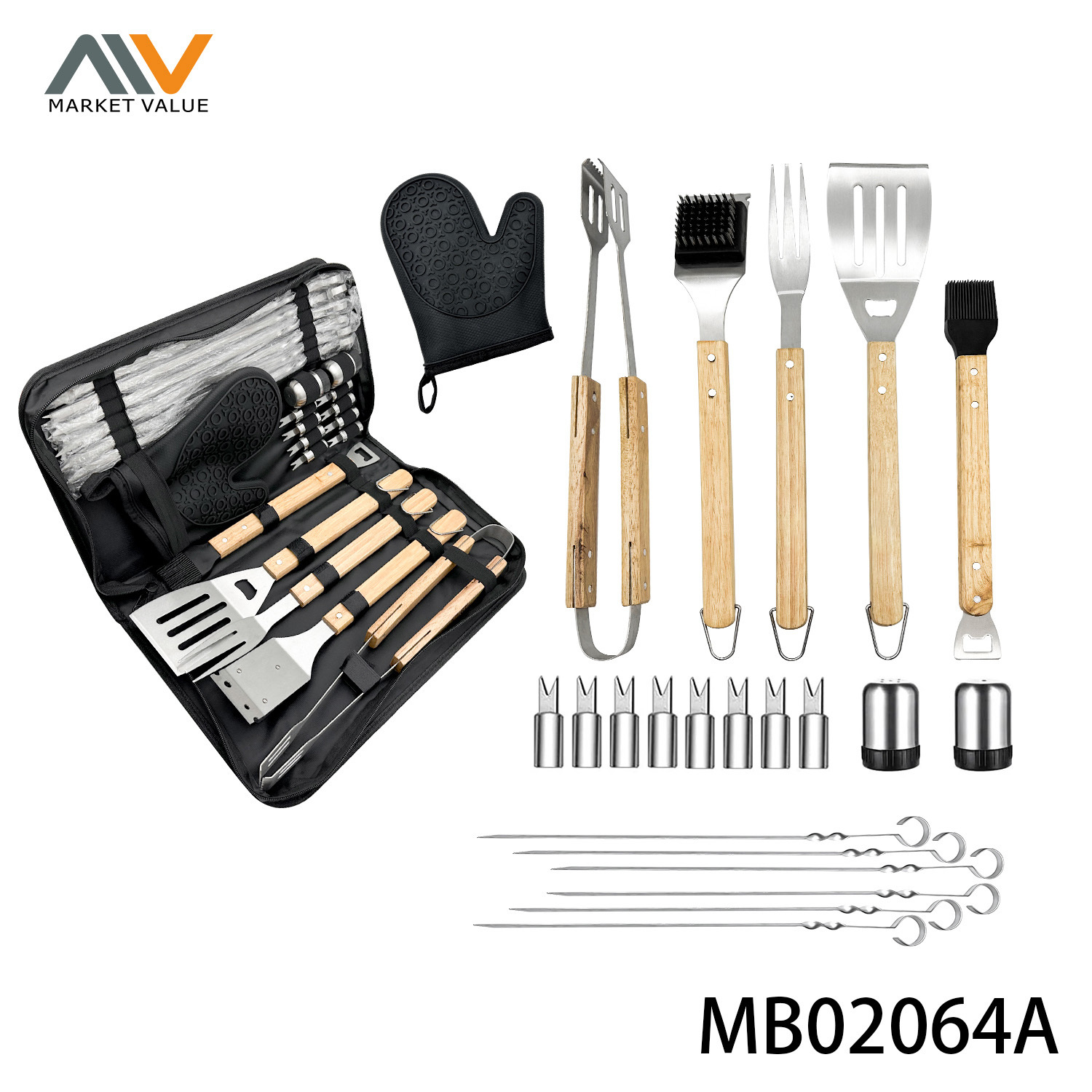 22PC STAINLESS STEEL BBQ TOOLS with WOOD Handle