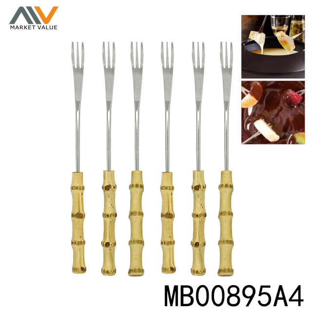6PCS SS 9.5in FONDUE FORK with NATURAL REAL BAMBOO