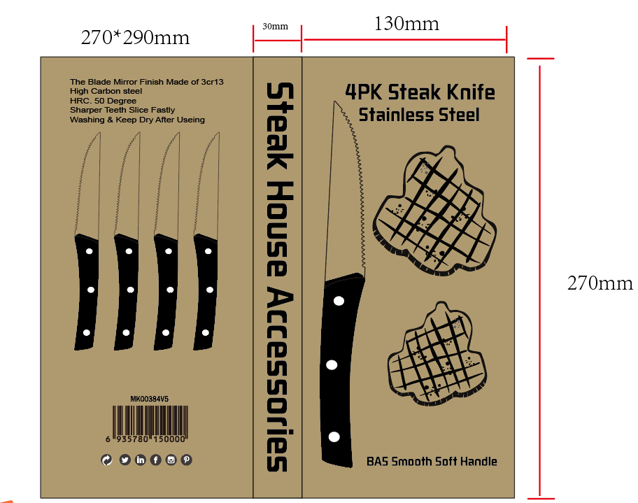 5in SETS OF 4PCS Steak Knife with PP Handle