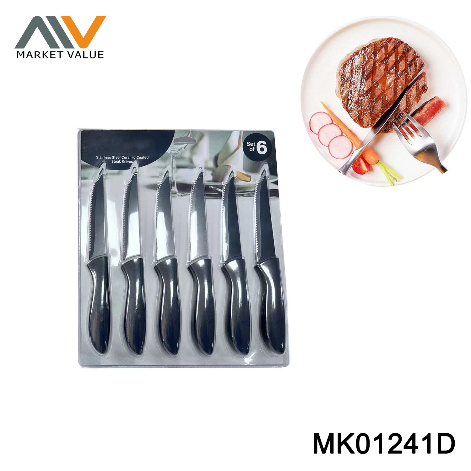 6Piece SS Ceramic Coated Steak Knives with PP Handle