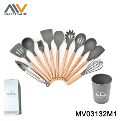 Wooden Handle Silicone Utensils Set With Plastic Holder