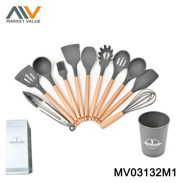 Wooden Handle Silicone Utensils Set With Plastic Holder