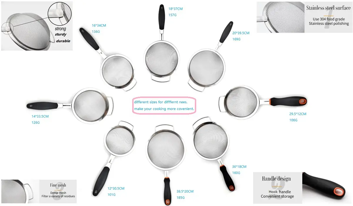 12/14/16/18/20CM SS Strainer With PP TPR Handle