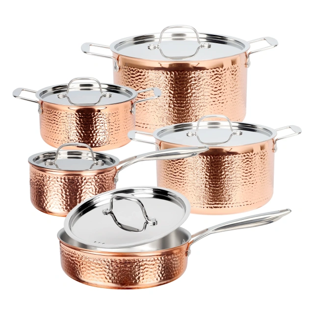 High Quality Tri-ply Copper Cooking Pot And Pan Stainless Steel Cookware Set With Hammer Design