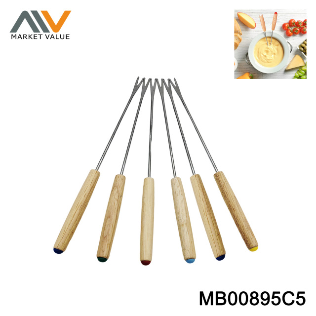 6PK Fondue Forks Wooden Handle in box