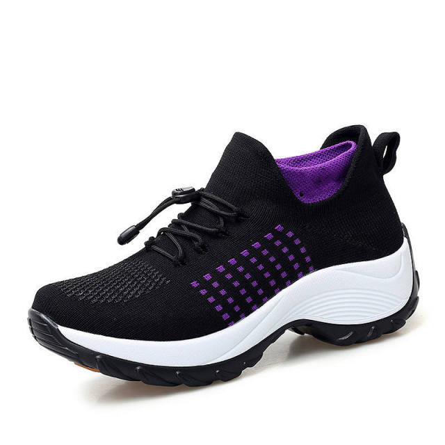 Wholesales Sock Design Platform Stretching Lock Lace Breathable Lightweight Women's Knitted Casual Shoes