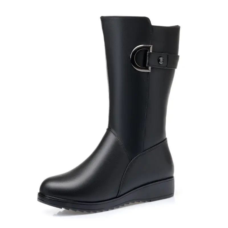 Mid length autumn and winter new women's leather snow boots fashion plush flat heeled women's snow boots shoes