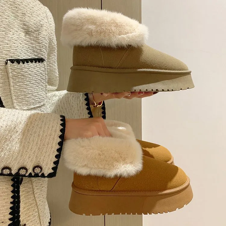 Thick sole and plush short snow boots shoes for women Fashion trend cute warm slip on hairy snow shoes