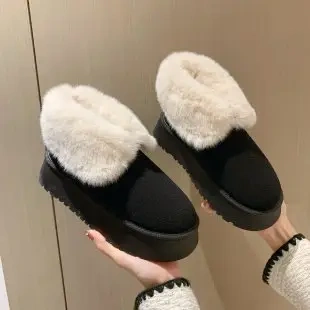 Thick sole and plush short snow boots shoes for women Fashion trend cute warm slip on hairy snow shoes