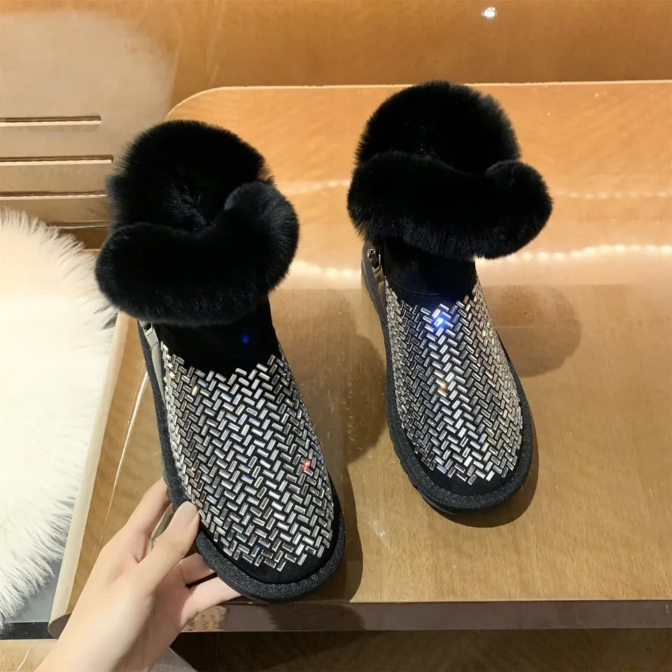 Wholesale trendy winter warm fur snow boots for women fashion new plush and thickened diamond warm women' s snow boots