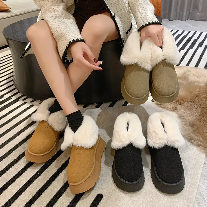 Thick sole and plush short snow boots shoes for women Fashion trend cute warm slip on hairy snow shoes