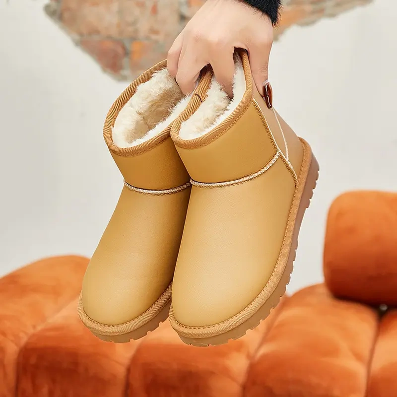 Fashion women's winter thick soles plush snow boots for women soft leather upper mid length anti slip women boots shoes