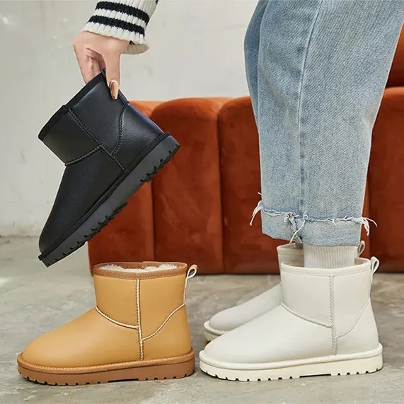 Fashion women's winter thick soles plush snow boots for women soft leather upper mid length anti slip women boots shoes