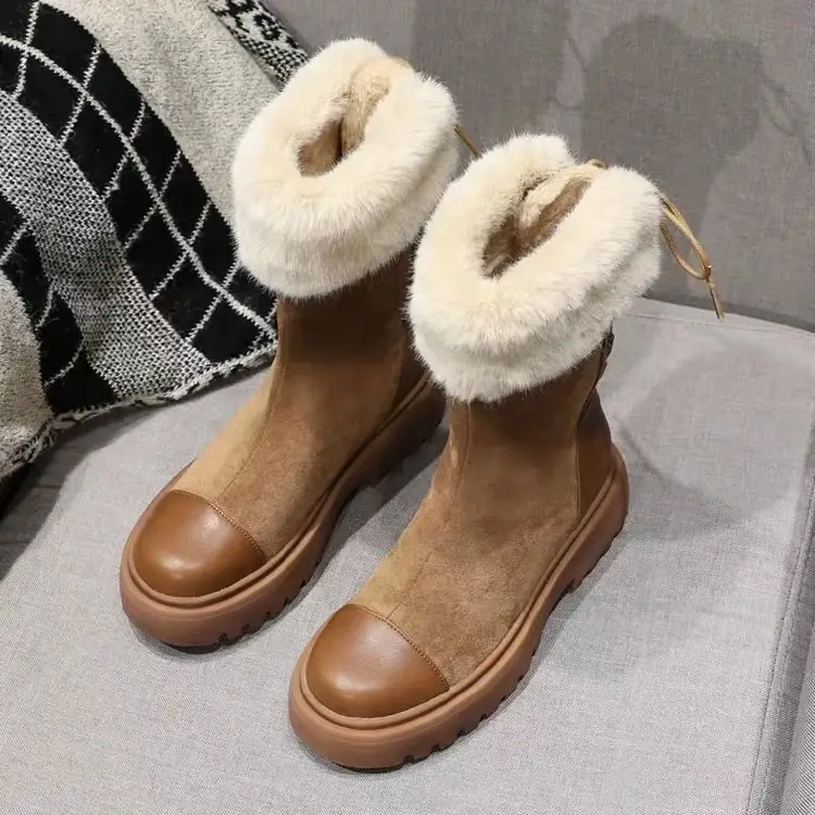New winter Europe style mid length women' s snow boots thick soled lace up thickened plush snow boots for women