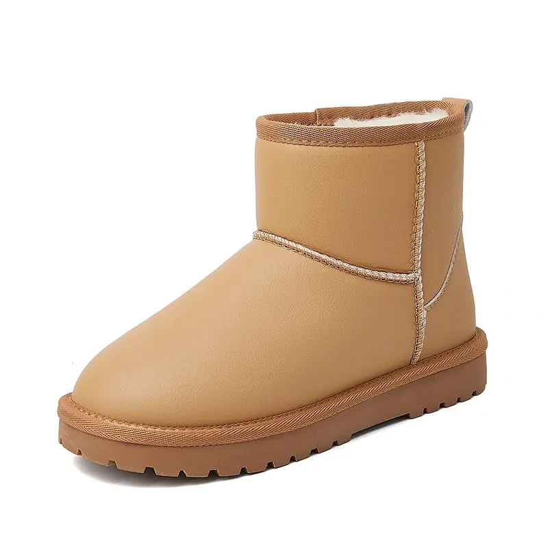 Fashion women's winter thick soles plush snow boots for women soft leather upper mid length anti slip women boots shoes