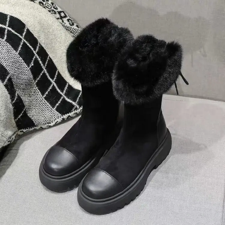New winter Europe style mid length women' s snow boots thick soled lace up thickened plush snow boots for women