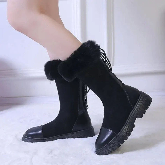 New winter Europe style mid length women' s snow boots thick soled lace up thickened plush snow boots for women