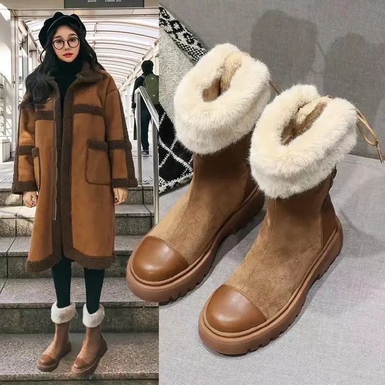 New winter Europe style mid length women' s snow boots thick soled lace up thickened plush snow boots for women