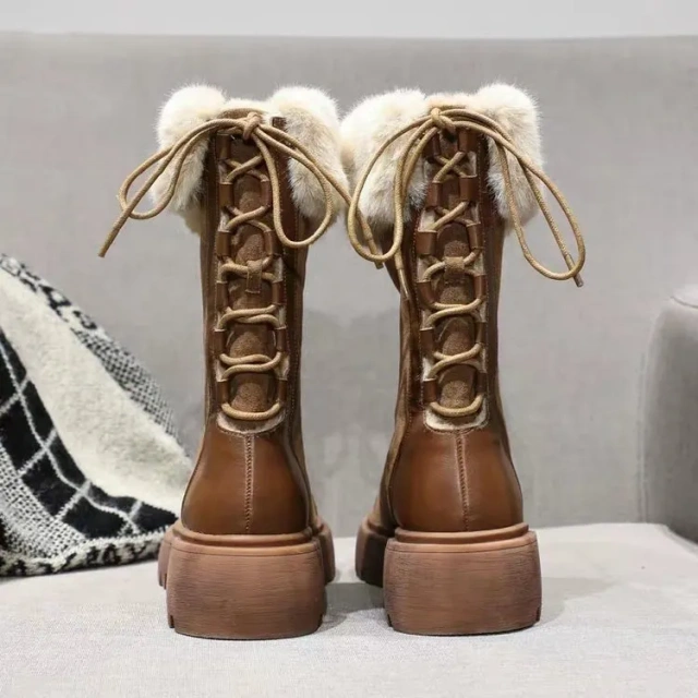New winter Europe style mid length women' s snow boots thick soled lace up thickened plush snow boots for women
