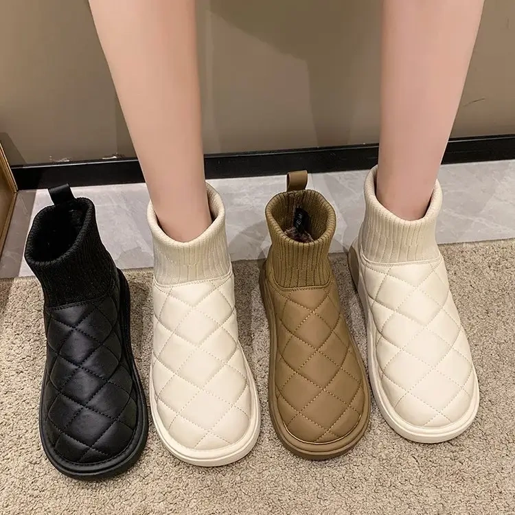 Fashion New Women's Elastic Top Line Winter Warm Snow Boots Ladies Mid Length Plush Soft Winter Snow Boots