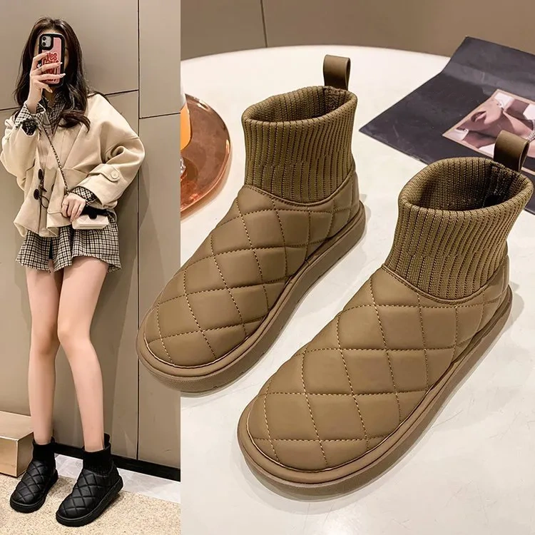 Fashion New Women's Elastic Top Line Winter Warm Snow Boots Ladies Mid Length Plush Soft Winter Snow Boots