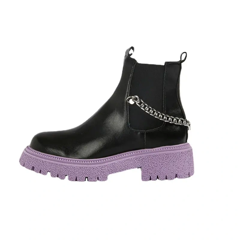 Martin Boots Fashion Short Boots Comfortable Flat Bottom Black PU Leather Boots Chain Decoration