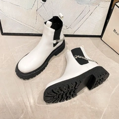 Martin Boots Fashion Short Boots Comfortable Flat Bottom Black PU Leather Boots Chain Decoration