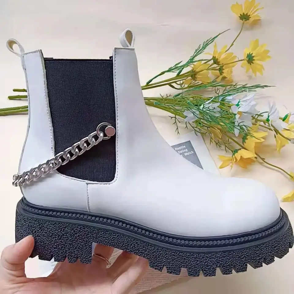 Martin Boots Fashion Short Boots Comfortable Flat Bottom Black PU Leather Boots Chain Decoration