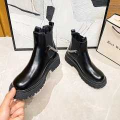 Martin Boots Fashion Short Boots Comfortable Flat Bottom Black PU Leather Boots Chain Decoration