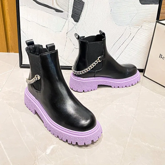 Martin Boots Fashion Short Boots Comfortable Flat Bottom Black PU Leather Boots Chain Decoration