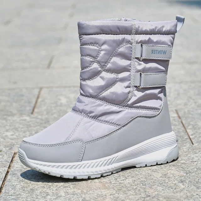 Winter plush and thick soled mid length snow boots for women versatile grey waterproof women' s snow boots shoes
