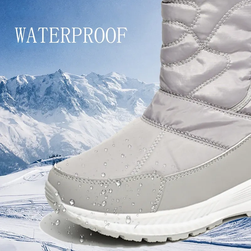 Winter plush and thick soled mid length snow boots for women versatile grey waterproof women' s snow boots shoes