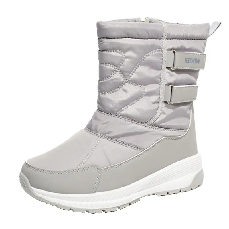 Winter plush and thick soled mid length snow boots for women versatile grey waterproof women' s snow boots shoes