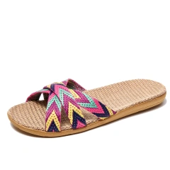 New Summer Colorful Stripes Linen Anti-Slip Slippers For Women Cool Comfortable Home Men' s Home Linen Slippers