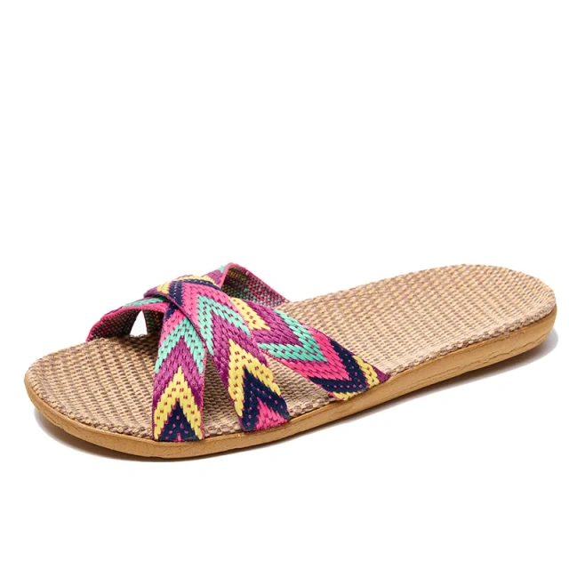 New Summer Colorful Stripes Linen Anti-Slip Slippers For Women Cool Comfortable Home Men' s Home Linen Slippers