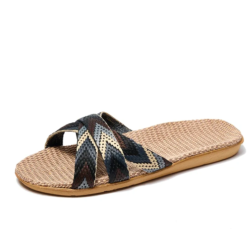 New Summer Colorful Stripes Linen Anti-Slip Slippers For Women Cool Comfortable Home Men' s Home Linen Slippers