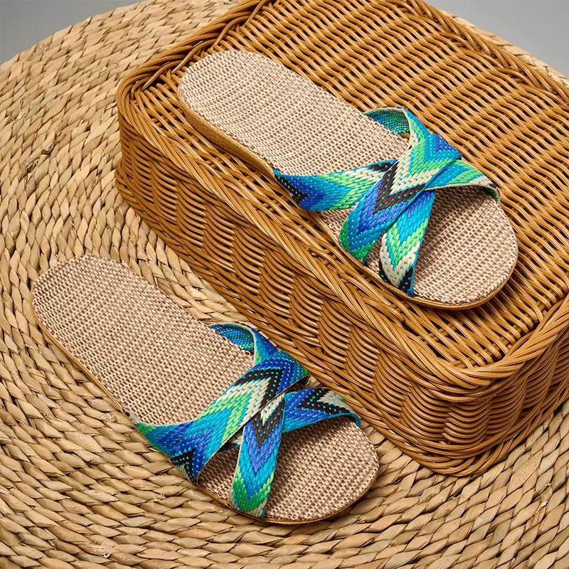 New Summer Colorful Stripes Linen Anti-Slip Slippers For Women Cool Comfortable Home Men' s Home Linen Slippers