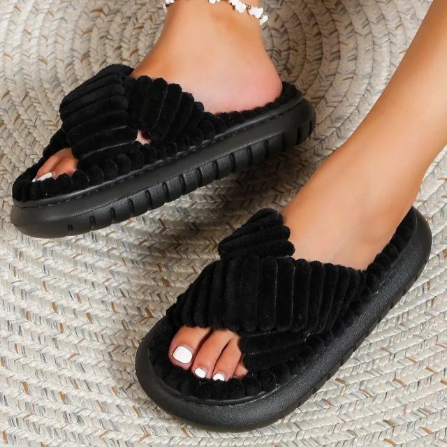 Wholesale Large Size Cushioning Plush Indoor Women Slippers Female Open-toe Thick Outsole Casual Plush Slipper