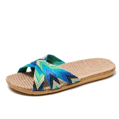 New Summer Colorful Stripes Linen Anti-Slip Slippers For Women Cool Comfortable Home Men' s Home Linen Slippers