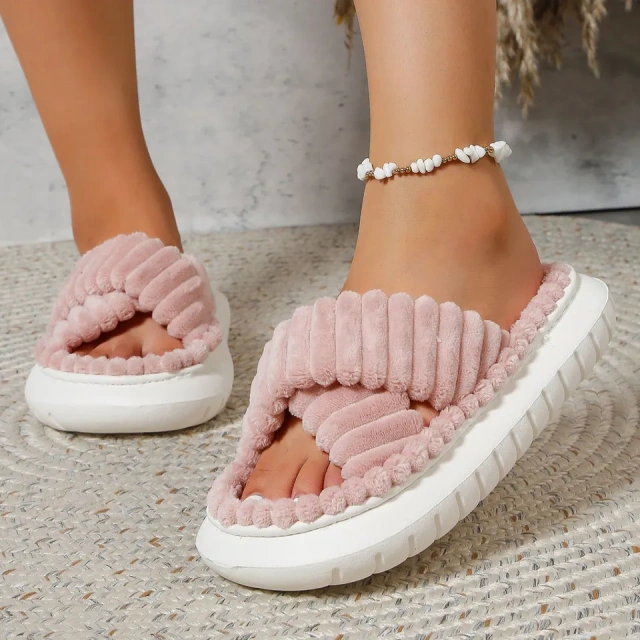 Wholesale Large Size Cushioning Plush Indoor Women Slippers Female Open-toe Thick Outsole Casual Plush Slipper