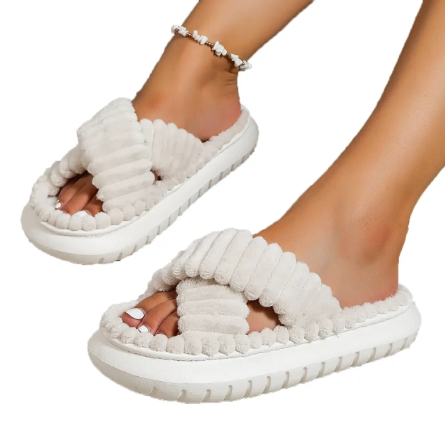 Wholesale Large Size Cushioning Plush Indoor Women Slippers Female Open-toe Thick Outsole Casual Plush Slipper