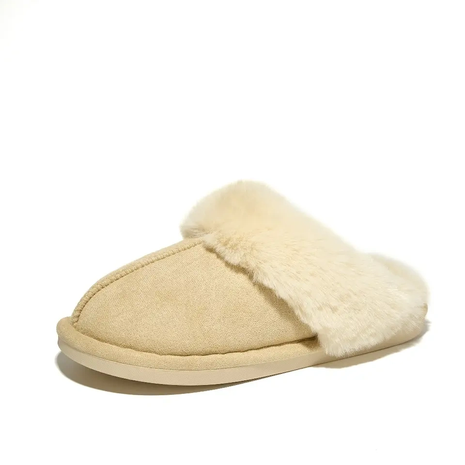 Popular Solid Color Home Warm Fur Plush Slippers For Women Comfortable Flat Lightweight Plush Slippers