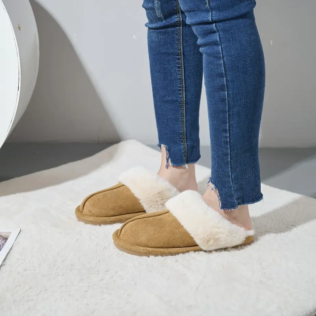 Popular Solid Color Home Warm Fur Plush Slippers For Women Comfortable Flat Lightweight Plush Slippers