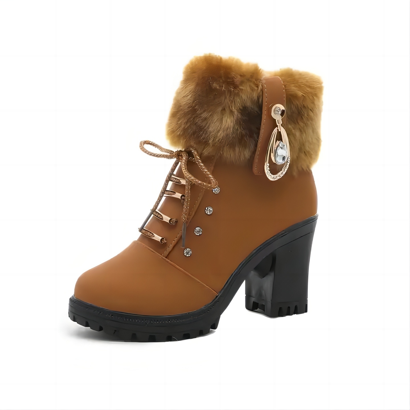 Wholesale Fur Top Line High Heel Snow Boots With Rhinestone New Thick Heel Leather Short Winter Martin Boots