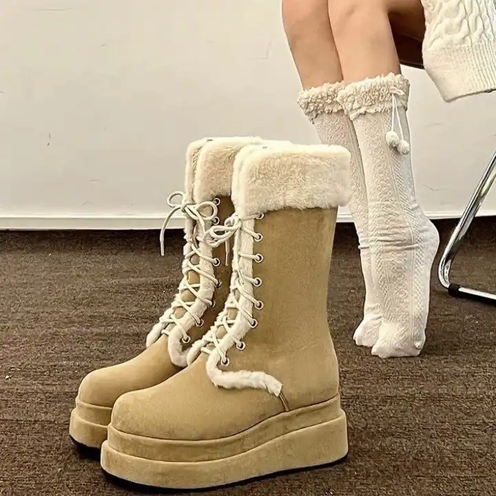 Wholesale Fashion Vintage Style Lace-Up Snow Boots For Ladies Knee High Warm Thick-soled Anti-Slip Women Snow Boots