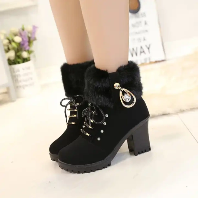 Wholesale Fur Top Line High Heel Snow Boots With Rhinestone New Thick Heel Leather Short Winter Martin Boots