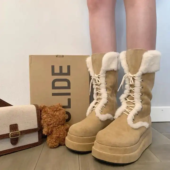 Wholesale Fashion Vintage Style Lace-Up Snow Boots For Ladies Knee High Warm Thick-soled Anti-Slip Women Snow Boots