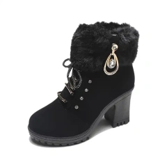 Wholesale Fur Top Line High Heel Snow Boots With Rhinestone New Thick Heel Leather Short Winter Martin Boots