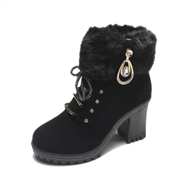 Wholesale Fur Top Line High Heel Snow Boots With Rhinestone New Thick Heel Leather Short Winter Martin Boots