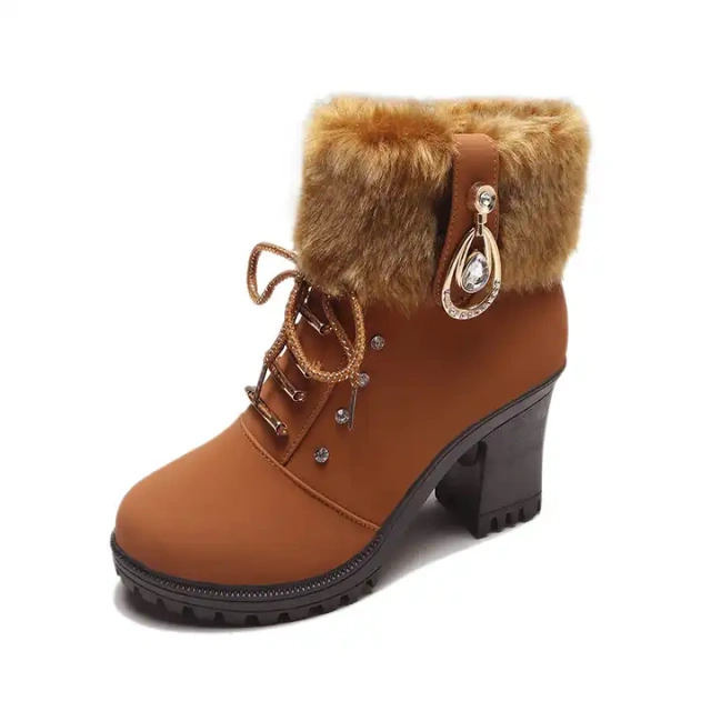 Wholesale Fur Top Line High Heel Snow Boots With Rhinestone New Thick Heel Leather Short Winter Martin Boots